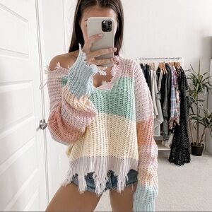 Miracle Destroyed Hem Color block V Neck Sweater sz Small Medium pink green blue